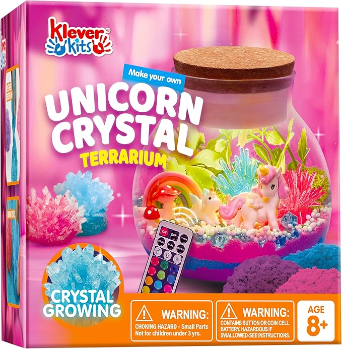 Klever Kits Make Your Own Unicorn Crystal Terrarium Crafts Kit for Kids-Crystal Growing Science 12 Color LED Night Light Unicorn Birthday Gifts Toys for Girls