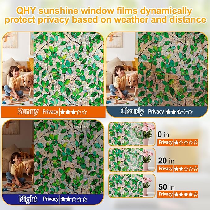 Stained Glass Window Privacy Film Decorative Rainbow Static Clings – Ideal for Home & Office, Adhesive-Free, Removable, UV-Blocking (Green Rainbow, 17.5 X 157.4 in)
