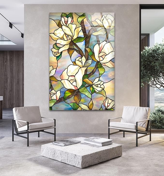 My Photostation.com 24Wx30H'' Stained Magnolia Glass Wall Art Tempered Glass Printing Wall Decor Large Wall Art Wall Hangings