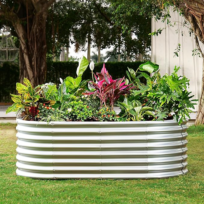 Land Guard Galvanized Raised Garden Bed, 8x4x2ft Planter Boxes Outdoor, Oval Larger Metal Planter Boxes for Vegetables, Fruits, Flowers (Silver)