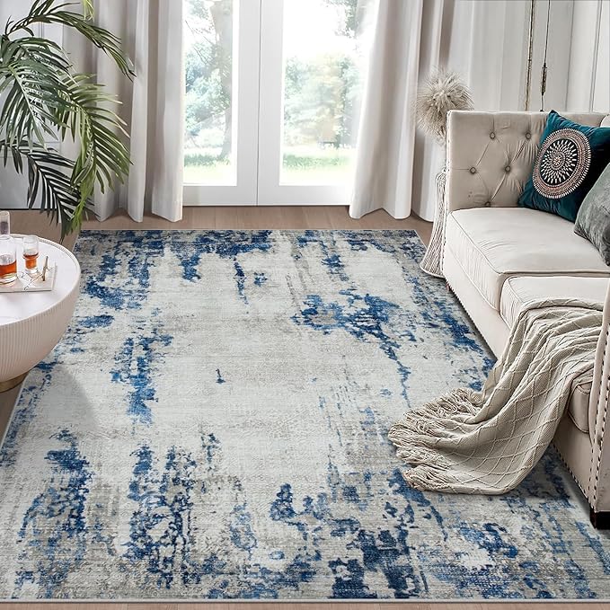 5x7 Area Rugs for Living Room Rug Washable: Modern Rug for Dining Room Bedroom Carpet Non Slip Low Pile 5 by 7 Indoor Abstract Nursery Home Office Blue White