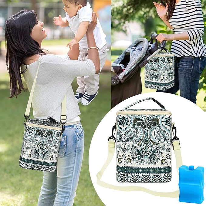 Breastmilk Cooler Bag with Ice Pack Fits 4 Baby Bottles Up to 9 Ounce Insulated Baby Bottle Bag Breast Milk Cooler on The Go with Strap Baby Bottle Cooler Bag for Nursing Mom Daycare or Travel