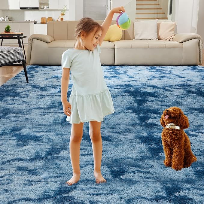 Ultra Soft Rug for Living Room, 3X5 Fluffy Shag Area Rug for Bedroom, Modern Shaggy Carpets Fuzzy Rug for Teens Dorm Nursery Home Decor Aesthetic, Upgrade Anti-Skid Durable, Tie-Dyed Blue Grey