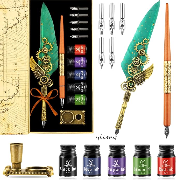 Feather Pen and Ink Set Calligraphy Kit for Beginners with Quill Pen, Antique Vintage Stationary Set for Writing, Signing & Hand Lettering Art