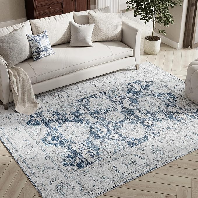 jinchan 4x6 Area Rugs for Bedroom - Machine Washable Distressed Vintage Floral Design Stain Resistant Boho Carpet Ultra-Thin Low Pile Non-Slip Rug for Living Room Dining Room Kitchen (4‘x6',Dark Blue)