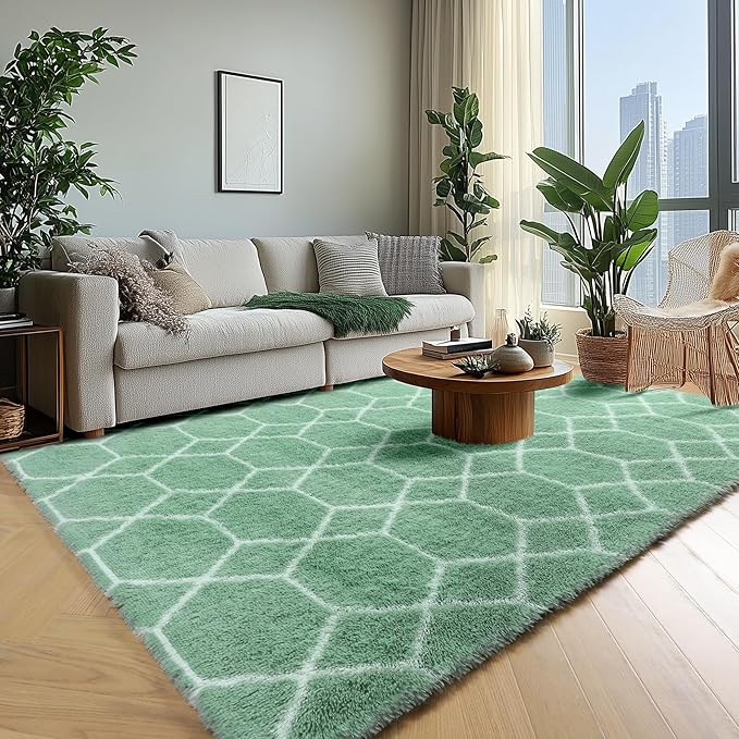 ONASAR Area Rugs for Bedroom Living Room, Washable 4x6 Fluffy Sage Green and White Throw Rug, Shaggy Geometric Floor Mat for Home Decor Aesthetic, Soft Plush Fuzzy Carpet for Nursery Kids Teen Dorm