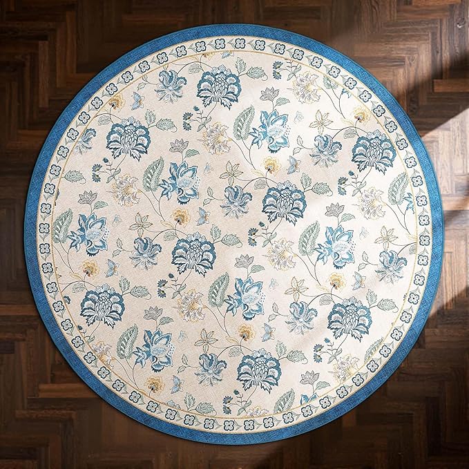 jinchan 5ft Floral Round Rug for Entryway Washable Kitchen Rug Vintage Romance Design Non Slip Indoor Doormat Lightweight Low-Profile Throw Carpet for Living Room Dining Room Bedroom, Blue/Beige
