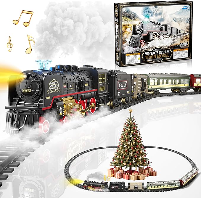 Funwee Train Set with Glowing Passenger Carriages for Under Christmas Tree,Electric Train Toy with Smoke,Light and Sound,Birthday Gifts Idea for 3 4 5 6 7+ Years Old Toddler Boys and Girls