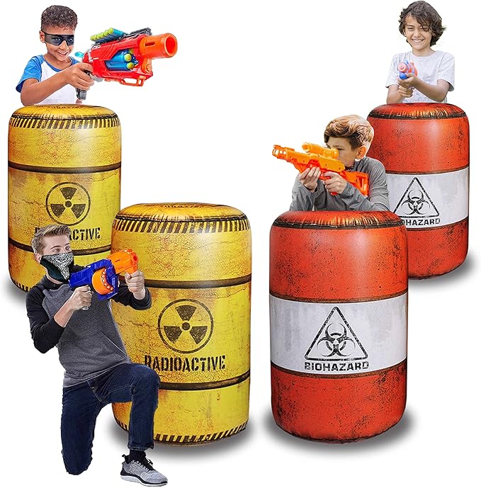4 Barrels Inflatables, Compatible with Nerf, Laser tag, Birthday Party Activities and Decoration.