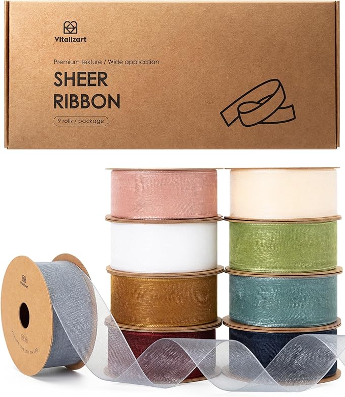 Vitalizart 1" x 90Yd Organza Ribbon Mixed Color Sheer Ribbons Set 10 Yd x 9 Rolls Handmade for Gift Wrapping Christmas Tree Crafts Bows Wedding Invitations Wreaths Wrap