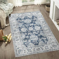 jinchan Floral 3x5 Area Rugs for Entryway - Machine Washable Taupe Vintage Distressed Design Doormat Non-Slip Ultra-Thin Low Pile Boho Rug for Kitchen Living Room Bedroom Farmhouse (3‘x5',Dark Blue)
