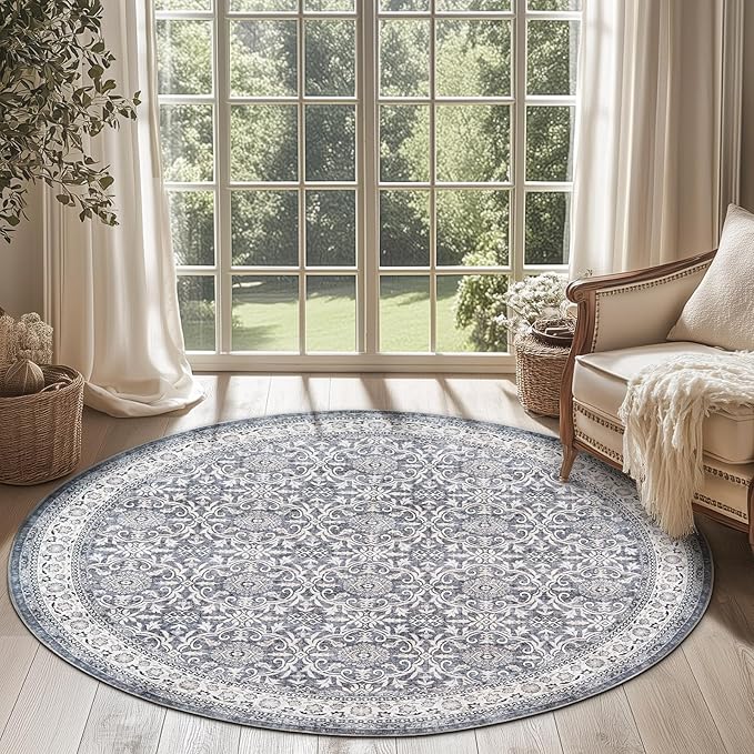 jinchan Round Rug 6ft Washable Circle Soft Rug - Low Pile Vintage 6'Round Indoor Grey Floral Print Stain Resistant Boho Carpet Ultra-Thin Non-Slip for Living Room Nursery Bedroom Dining Room Kitchen