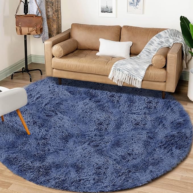 4FT Round Rug for Bedroom: Fluffy Shag Soft Washable Rugs Circle Small Fuzzy Plush Indoor Carpet for Living Room Nursery Playroom Dorm Kids Girls Boys Room (Navy Blue, 4'x4')