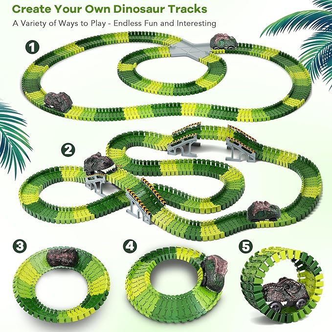 Dinosaur Toys,Create A Dinosaur World Road Race,Flexible Track Playset and 2 pcs Cool Dinosaur car for 3 4 5 6 Year & Up Old boy Girls Best Gift