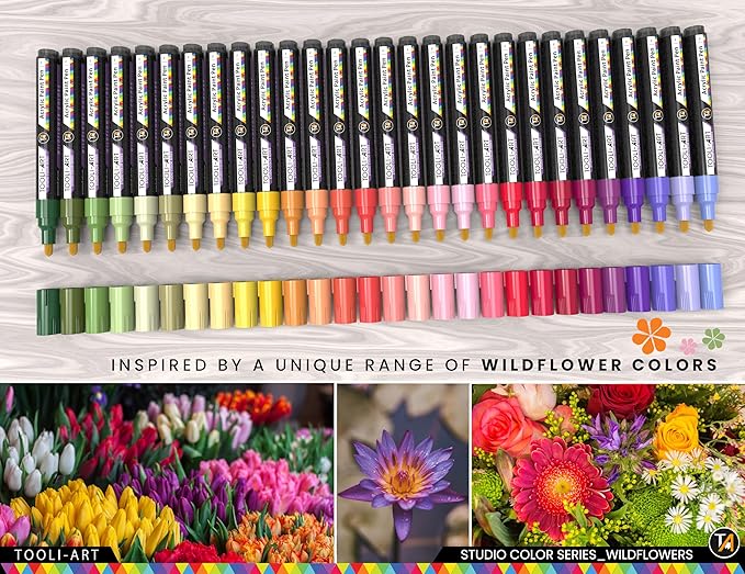 28 Wildflower Colors Acrylic Paint Pens Studio Color Series Markers Set 3mm Medium Tip, Rock Painting, Glass, Mugs, Wood, Metal, Canvas, DIY Projects, Detailing. Non Toxic, Waterbased, Quick Drying