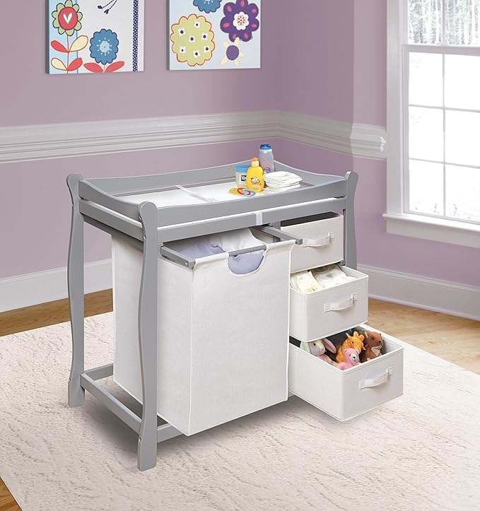 Badger Basket Sleigh-Style Baby Changing Table - Diaper Changing Station with 3 Storage Baskets - Nursery Organizer with Hamper, Changing Pad, Safety Rails - Gray