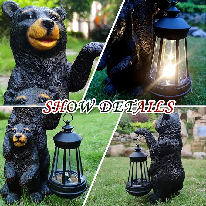 Black Bear Solar Lantern Garden Statues，Loving Bear Figurine Lights for Outside Decoration ,Lawn Outdoor Decor for Patio,Balcony,Yard-Unique Gift for Grandma Wowen Mom