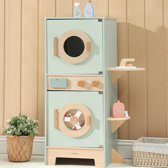 Wooden Washer-Dryer Playset for Kids – 2-in-1 Laundry Center Toy, Dual-Opening Doors, Spinning Drum & Click-Knobs, Basket + Iron Accessories – Montessori Pretend Play Gift Ages 3-6