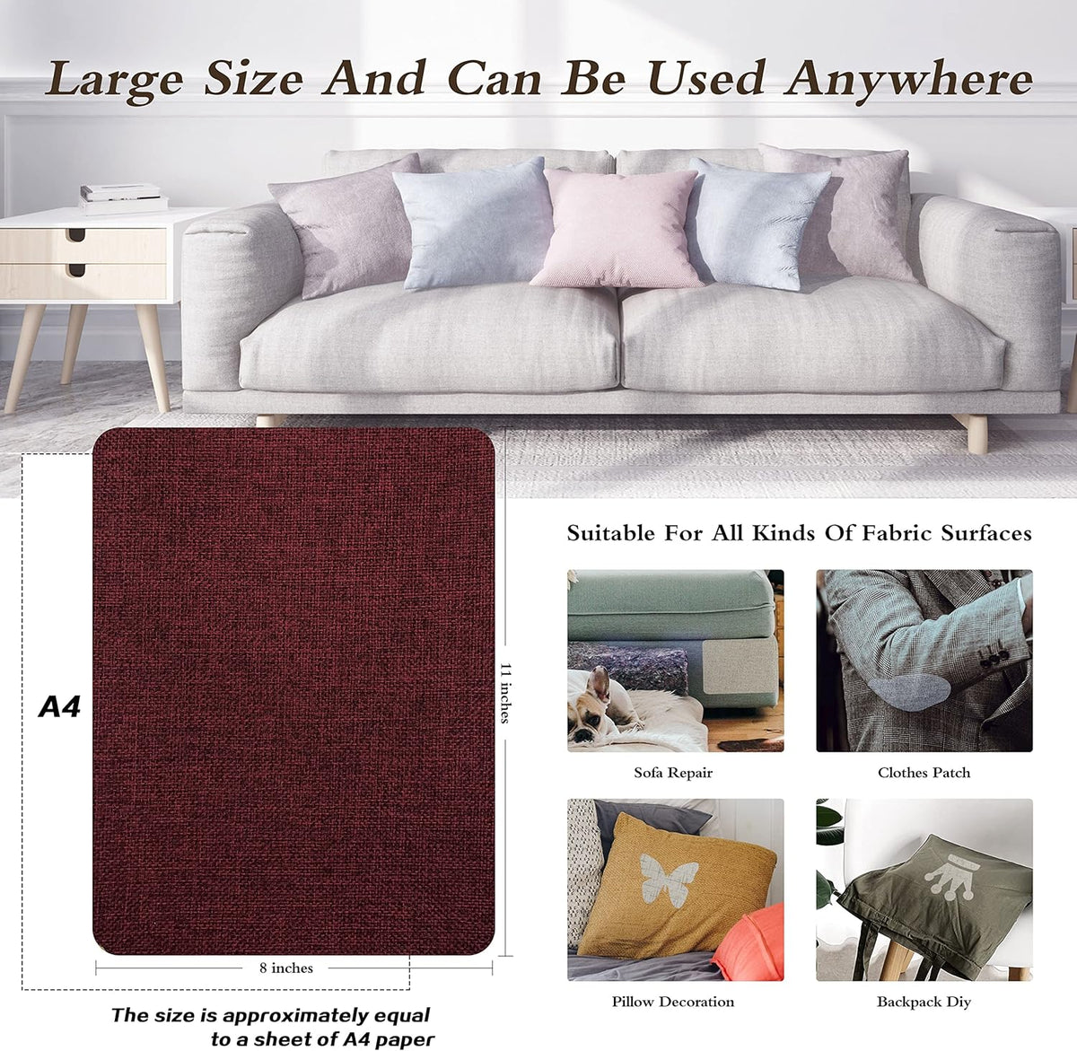 Coarse Linen Repair Patches, Self-Adhesive Linen Fabric Patches, 8X11 inch Extra Size, Multi Color, Can be Used for Linen Sofa Repair and Linen Clothes Repair(8" x 11",Burgundy 1.0)