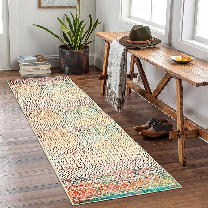 Moroccan Hallway Runner Rug 2x6, Ultra Soft Non Slip Bathroom Runner Rug, Low-Pile Washable Hallway Rug Front Door Mat Neutral Rug for Bathroom Laundry Room Bedroom