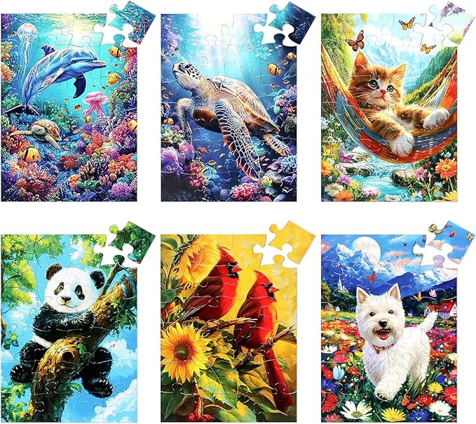 6 Packs 24 Large Piece Puzzles for Seniors,Animals Puzzle for Seniors with Dementia,Turtle Panda Cat Dolphin Bird Dog Easy Jigsaw Puzzle for Alzheimers Memory Games Dementia Activities