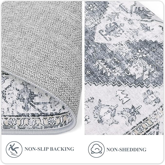 Lahome Boho Hallway Runner Rug 2x6, Washable Untra-Thin Non-Slip Kitchen Runner, Oriental Distressed Print Rug for Entryway Bathroom Laundry Room Bedroom, Grey