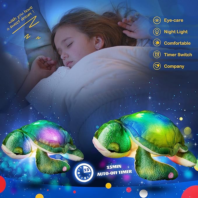 Glow Guards 14'' Light up Sea Turtle Stuffed Animal Ocean Life Soft Plush Toy Pillow with Lullabies LED Night Lights Children's Day Birthday Gifts for Toddler Kids