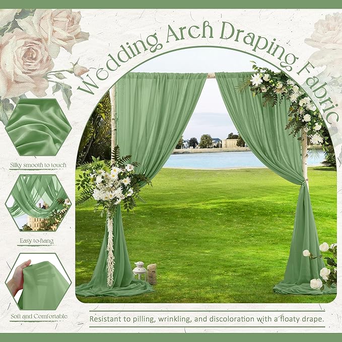 VACVELT Wedding Arch Draping Fabric Sage Green Chiffon, 2 Panels Sheer Drapes 30 Inch x 20ft Chiffon Backdrop Curtain Decor, Outdoor Sheer Drapery for Ceremony Party Ceiling