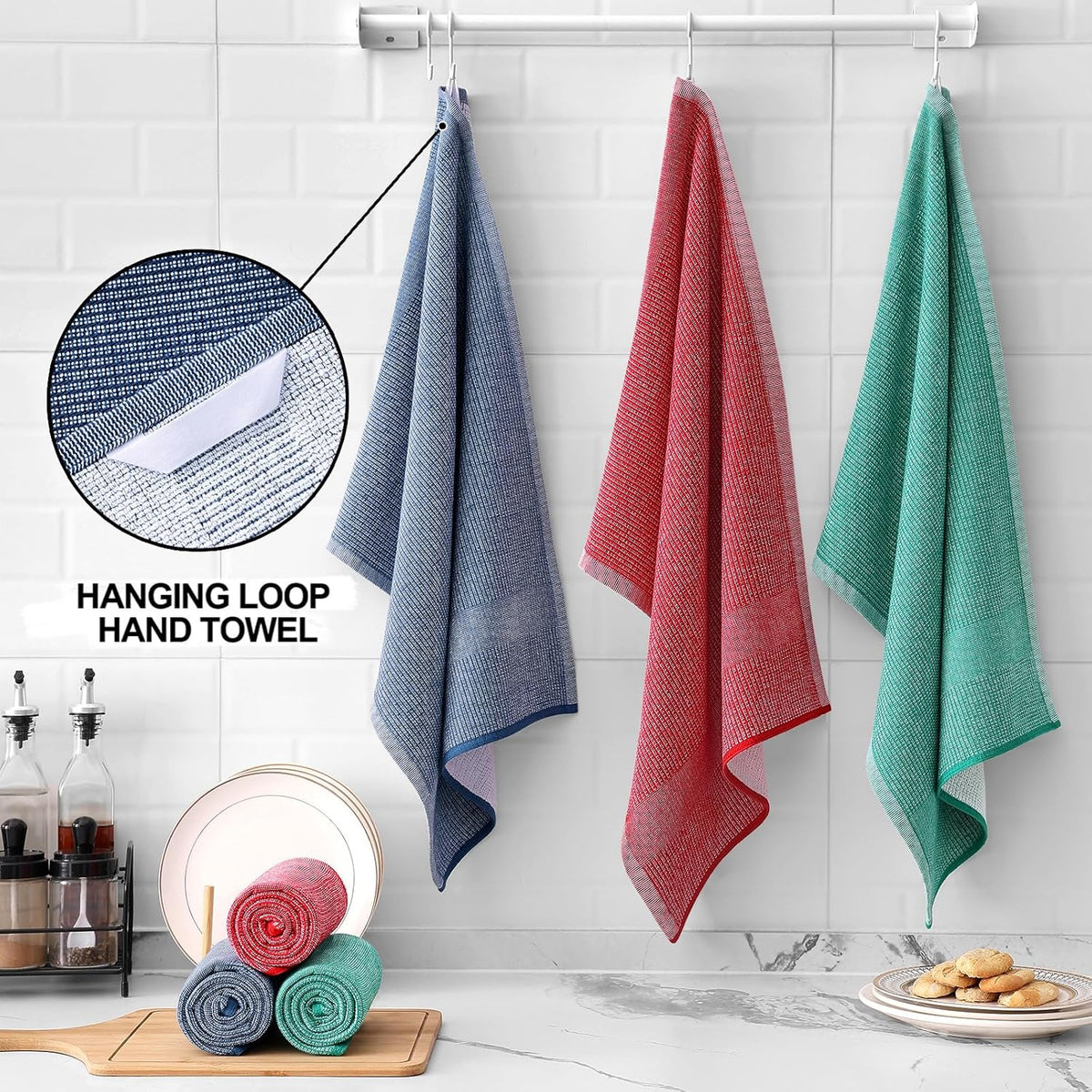 Homaxy Premium Kitchen Towels(18”x 28”, 6 Pack), Large Cotton Kitchen Hand Towels, Flat and Terry Dish Towels, 380 GSM Highly Absorbent Tea Towel Set with Hanging Loop, Navy Blue/Red/Green