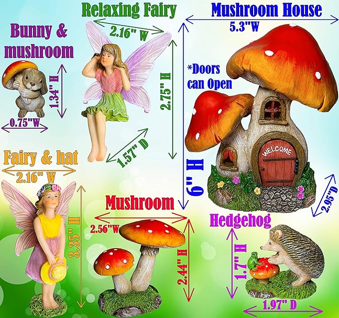 Mood Lab Fairy Garden - Mushroom House Set of 6 pcs - Miniature Figurines & Accessories Kit - for Outdoor or House Decor
