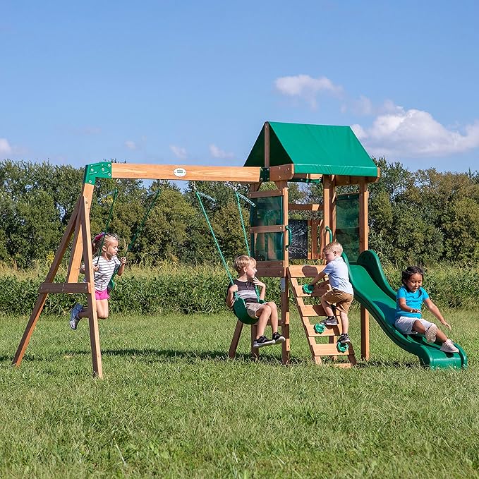 Backyard Discovery Buckley Hill Cedar Wood Swing Set with Wave Slide, Play Deck, Rock Wall Ladder, Belt Swings, Chalkboard, Canopy Roof, Outdoor Playset