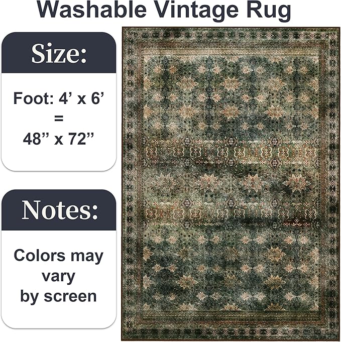 4x6 Area Rug for Bedroom Machine Washable, Non Slip Vintage Floral Kitchen Rugs for Dining Room, Rustic Indoor Floor Carpet for Kids Room, Playroom, Farmhouse(Dark Green/Brown/Multi)