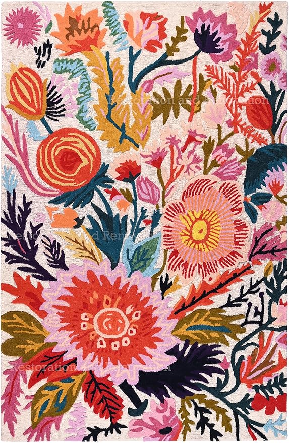 Handmade Wool Floral Area Rug for Living Room | Elegant Flower Garden Design, Soft, Thick and Durable | Bedroom, Dining Room & Home Decor Carpet (5' Round, Floral E)