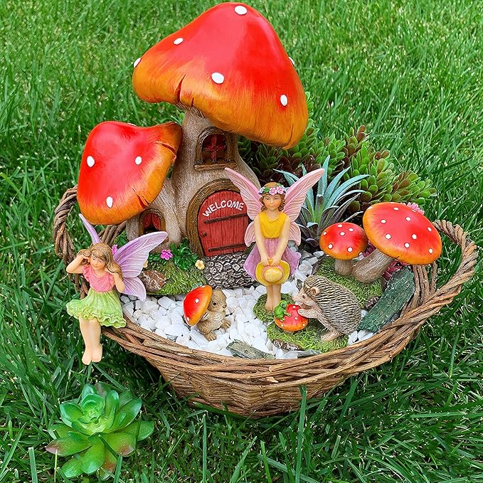 Mood Lab Fairy Garden - Mushroom House Set of 6 pcs - Miniature Figurines & Accessories Kit - for Outdoor or House Decor