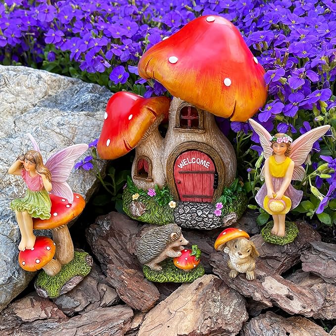 Mood Lab Fairy Garden - Mushroom House Set of 6 pcs - Miniature Figurines & Accessories Kit - for Outdoor or House Decor